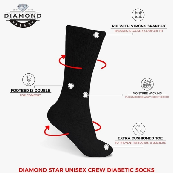 3 Pair Diamond Star Unisex Non-Binding Cotton Crew Diabetic Socks Size 1… - Picture 2 of 7
